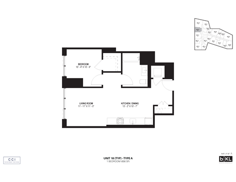 Floor plan for 1 bed, 1 bath, 656 sqft